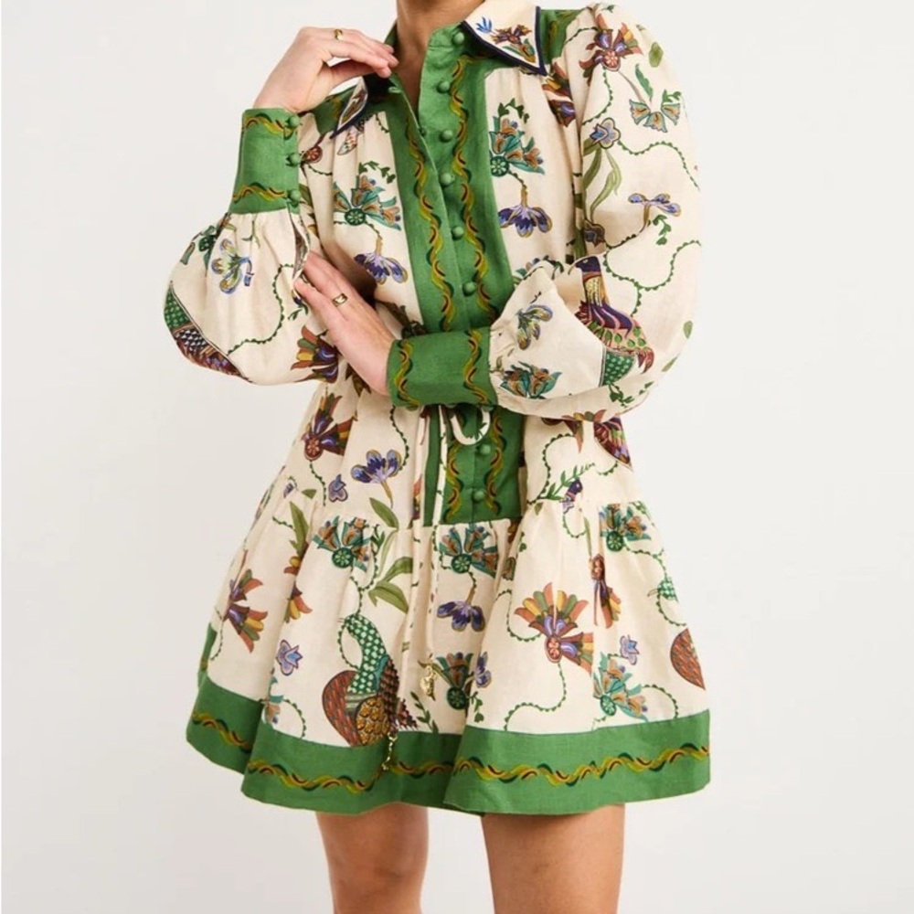 Zimmermann Cream Floral Mini Dress with Green Trim and Tie Waist - Picture 3 of 5
